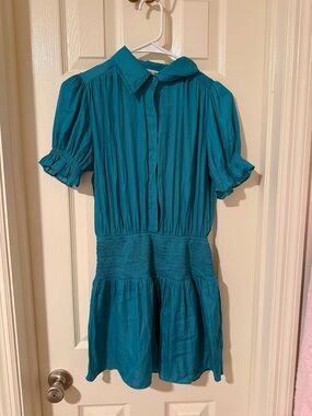 Teal Short Sleeve Smocked Waist Dress - Women's